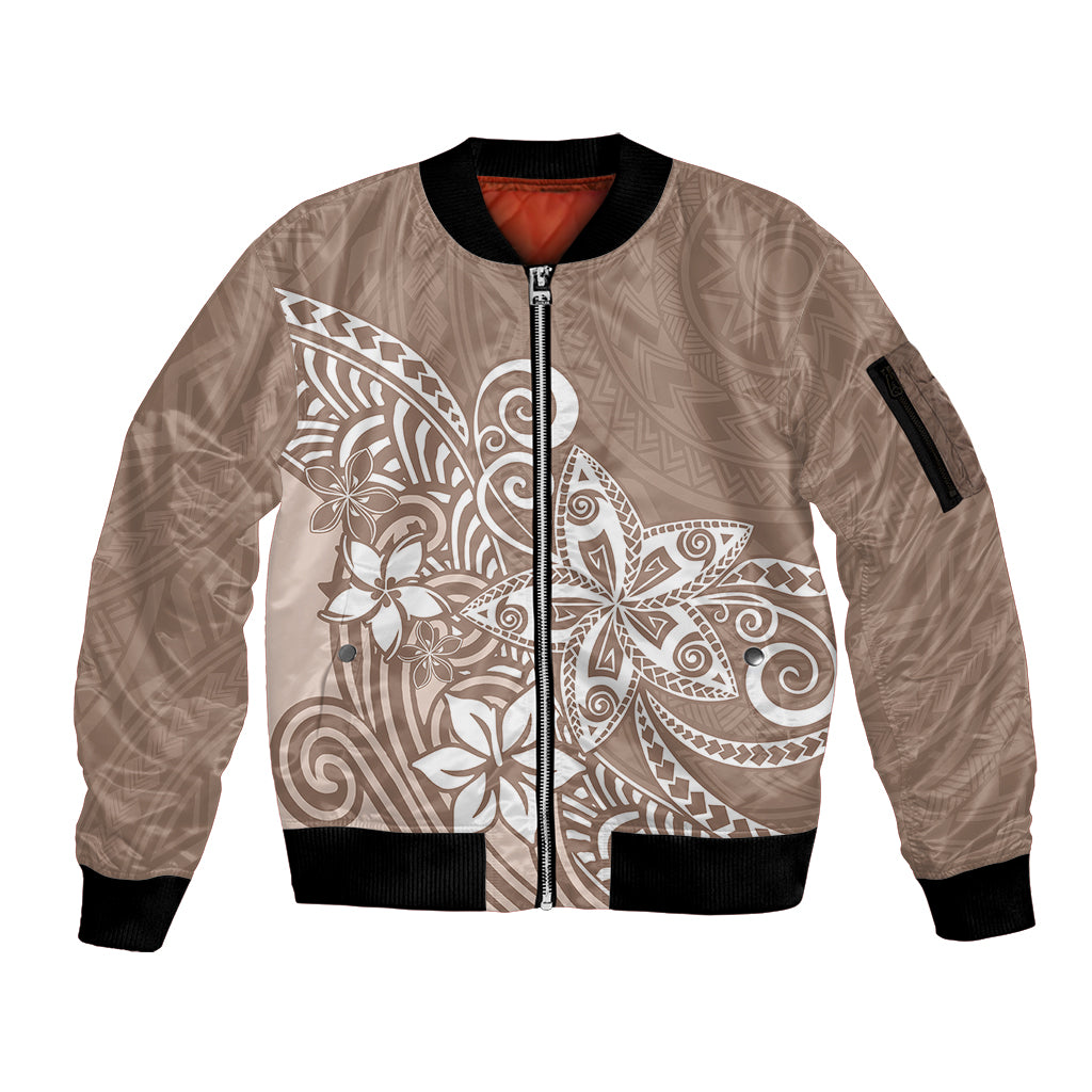 Polynesia Sleeve Zip Bomber Jacket Plumeria Beige Curves - Wonder Print Shop