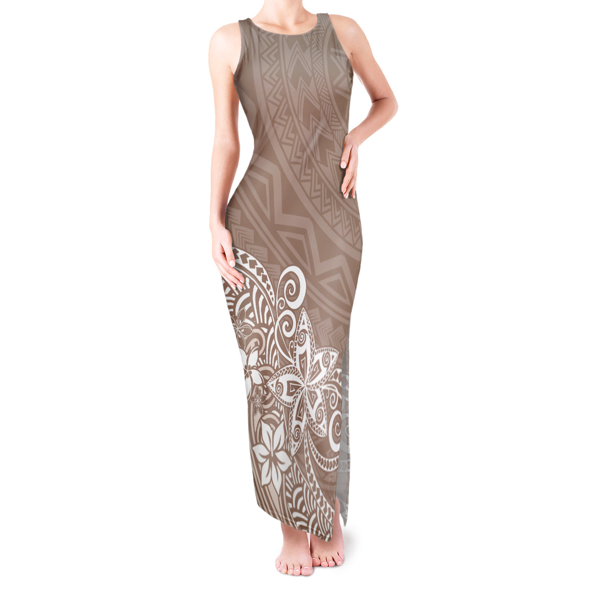 Polynesia Tank Maxi Dress Plumeria Beige Curves - Wonder Print Shop
