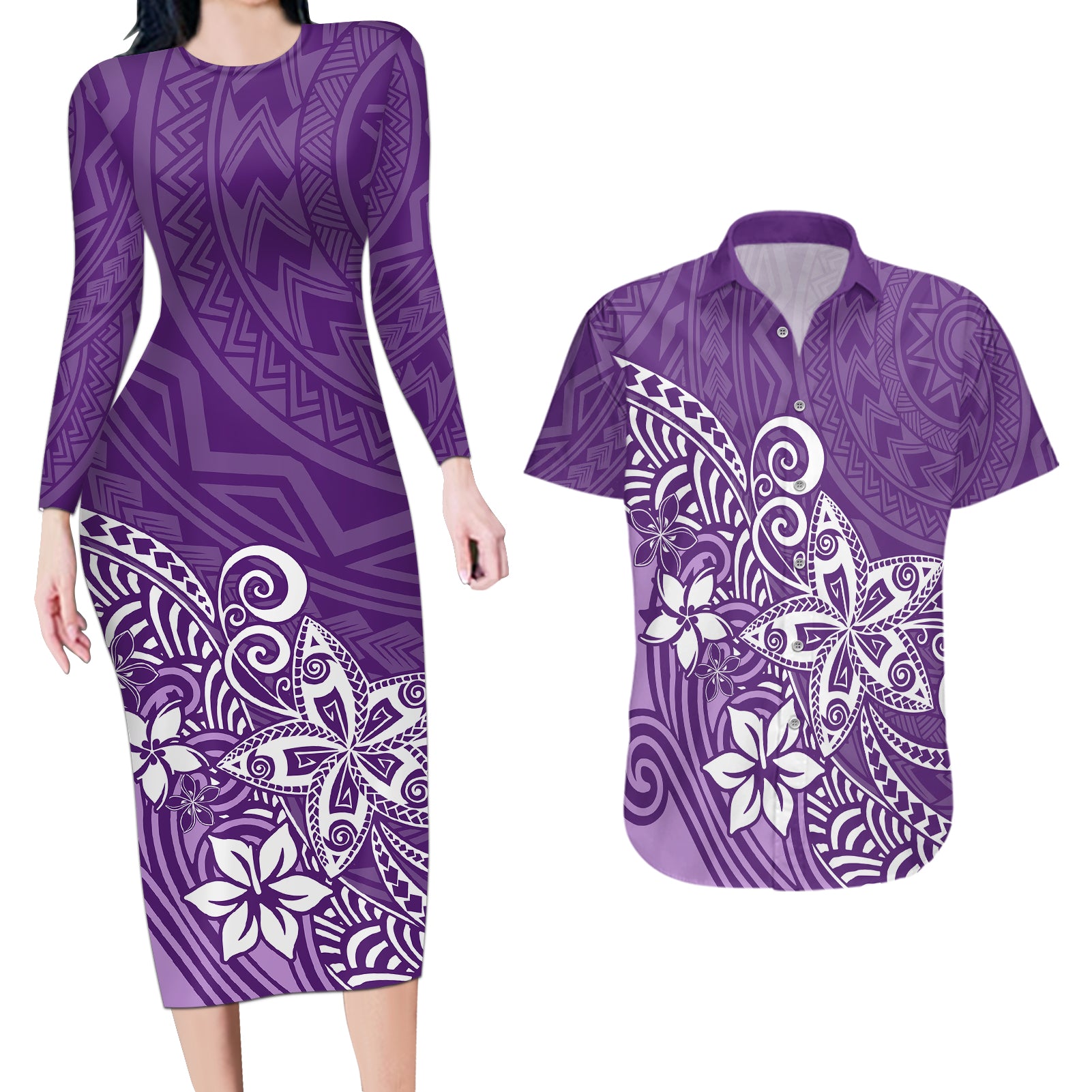 Polynesia Couples Matching Long Sleeve Bodycon Dress and Hawaiian Shirt Plumeria Purple Curves LT7 - Wonder Print Shop