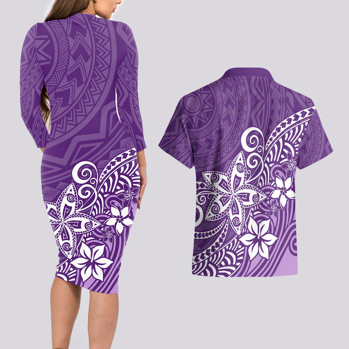 Polynesia Couples Matching Long Sleeve Bodycon Dress and Hawaiian Shirt Plumeria Purple Curves LT7 - Wonder Print Shop