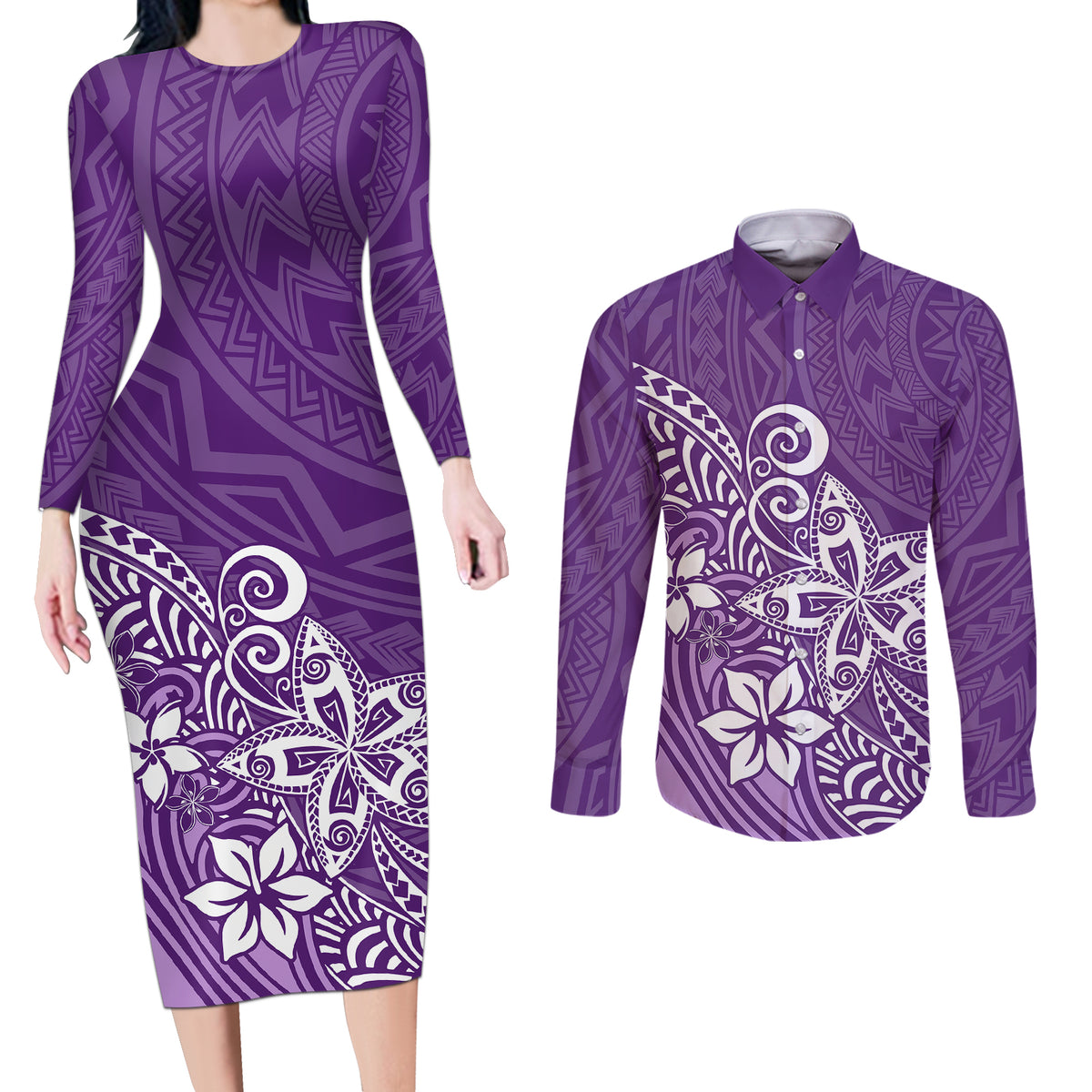 Polynesia Couples Matching Long Sleeve Bodycon Dress and Long Sleeve Button Shirts Plumeria Purple Curves LT7 - Wonder Print Shop