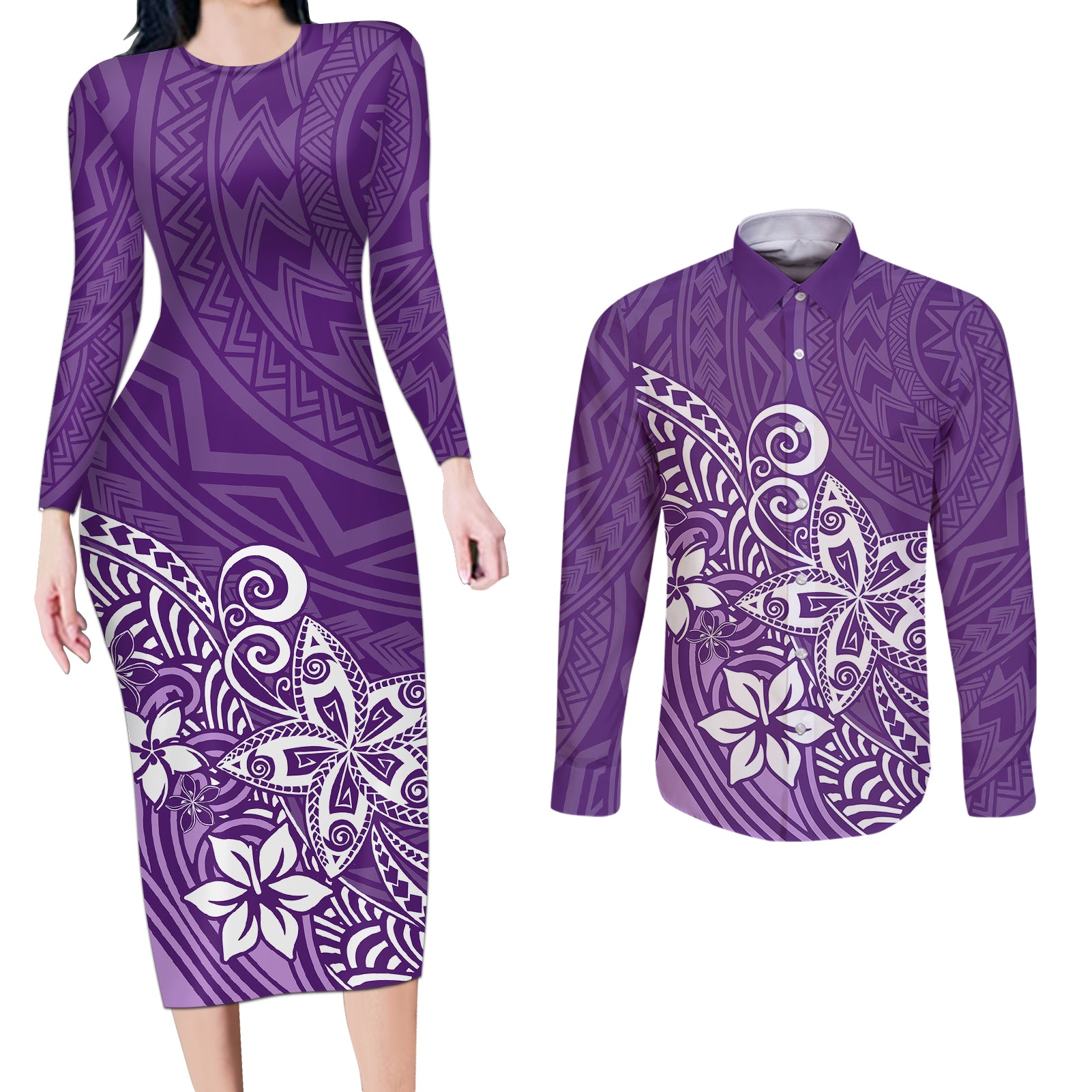 Polynesia Couples Matching Long Sleeve Bodycon Dress and Long Sleeve Button Shirts Plumeria Purple Curves LT7 - Wonder Print Shop