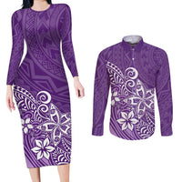 Polynesia Couples Matching Long Sleeve Bodycon Dress and Long Sleeve Button Shirts Plumeria Purple Curves LT7 - Wonder Print Shop