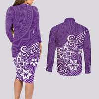 Polynesia Couples Matching Long Sleeve Bodycon Dress and Long Sleeve Button Shirts Plumeria Purple Curves LT7 - Wonder Print Shop