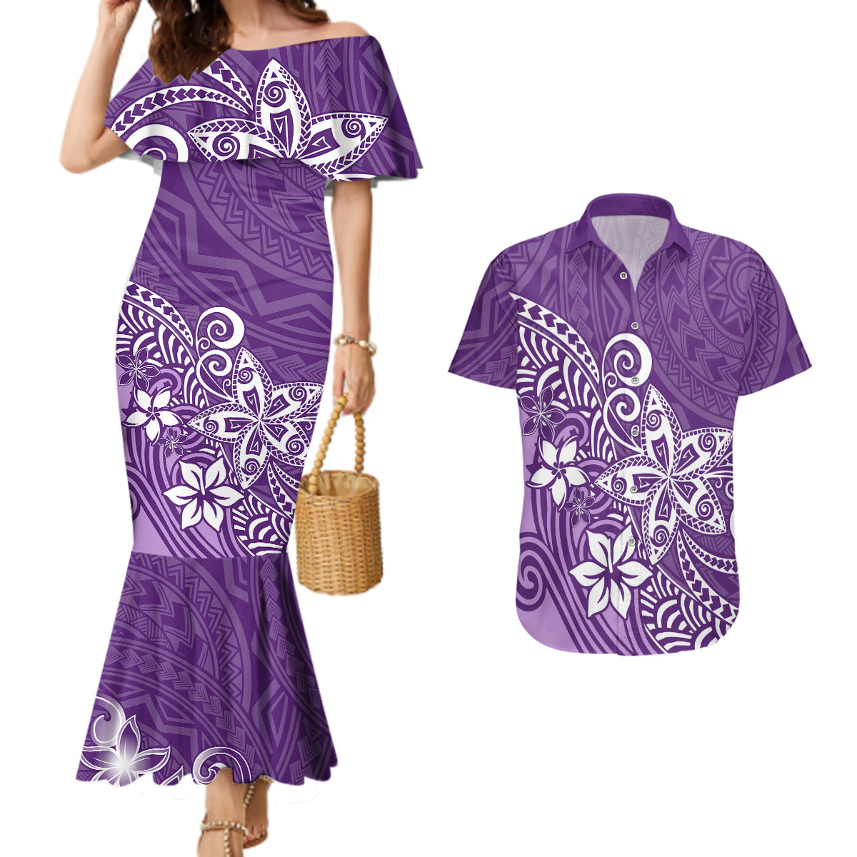polynesia-couples-matching-mermaid-dress-and-hawaiian-shirt-plumeria-purple-curves