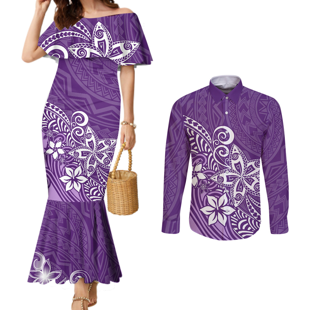 polynesia-couples-matching-mermaid-dress-and-long-sleeve-button-shirts-plumeria-purple-curves