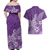Polynesia Couples Matching Off Shoulder Maxi Dress and Hawaiian Shirt Plumeria Purple Curves LT7 - Wonder Print Shop