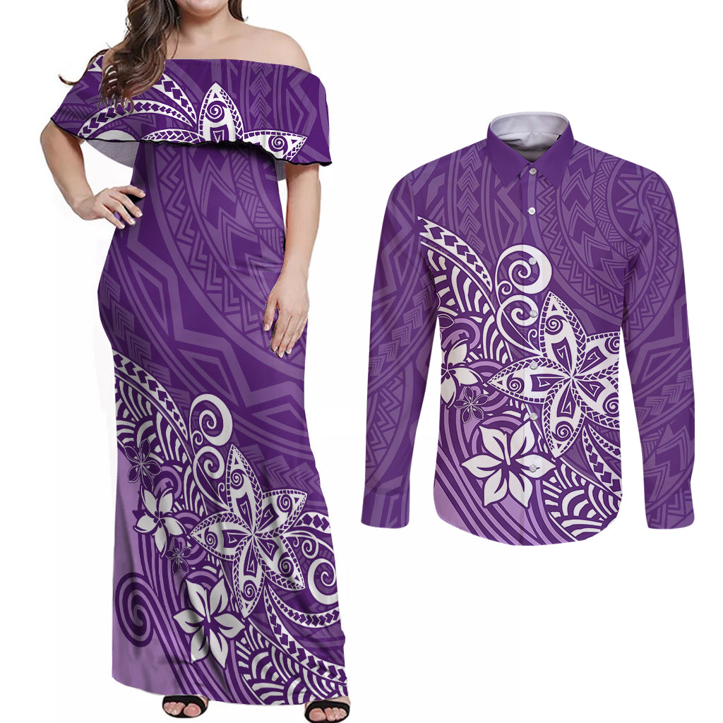 Polynesia Couples Matching Off Shoulder Maxi Dress and Long Sleeve Button Shirts Plumeria Purple Curves LT7 - Wonder Print Shop