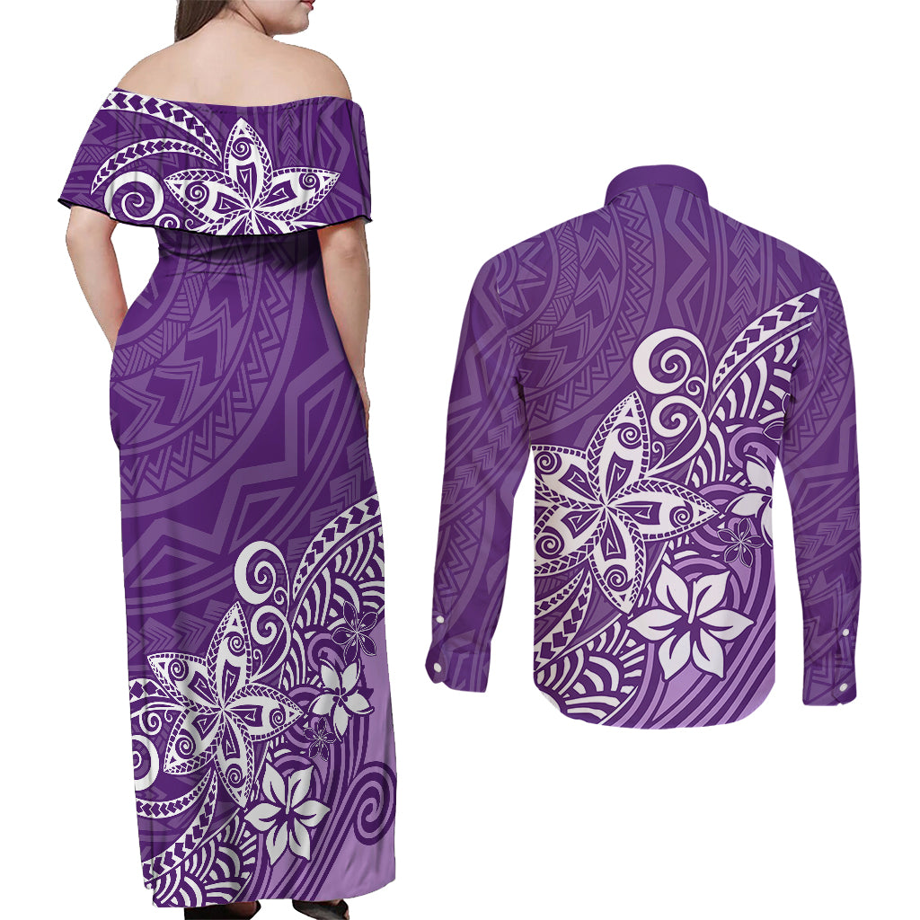Polynesia Couples Matching Off Shoulder Maxi Dress and Long Sleeve Button Shirts Plumeria Purple Curves LT7 - Wonder Print Shop