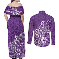 Polynesia Couples Matching Off Shoulder Maxi Dress and Long Sleeve Button Shirts Plumeria Purple Curves LT7 - Wonder Print Shop