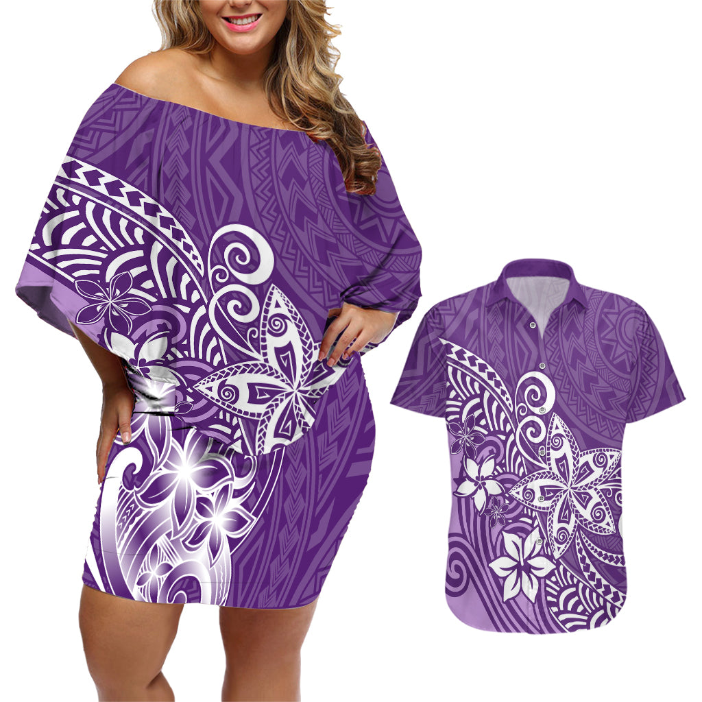 Polynesia Couples Matching Off Shoulder Short Dress and Hawaiian Shirt Plumeria Purple Curves LT7 - Wonder Print Shop