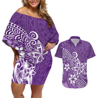 Polynesia Couples Matching Off Shoulder Short Dress and Hawaiian Shirt Plumeria Purple Curves LT7 - Wonder Print Shop