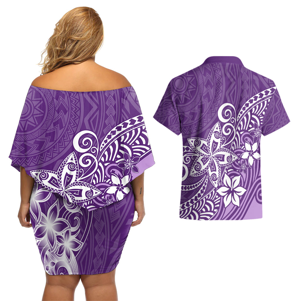 Polynesia Couples Matching Off Shoulder Short Dress and Hawaiian Shirt Plumeria Purple Curves LT7 - Wonder Print Shop