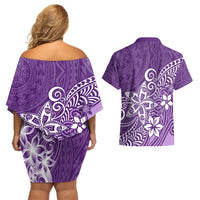 Polynesia Couples Matching Off Shoulder Short Dress and Hawaiian Shirt Plumeria Purple Curves LT7 - Wonder Print Shop