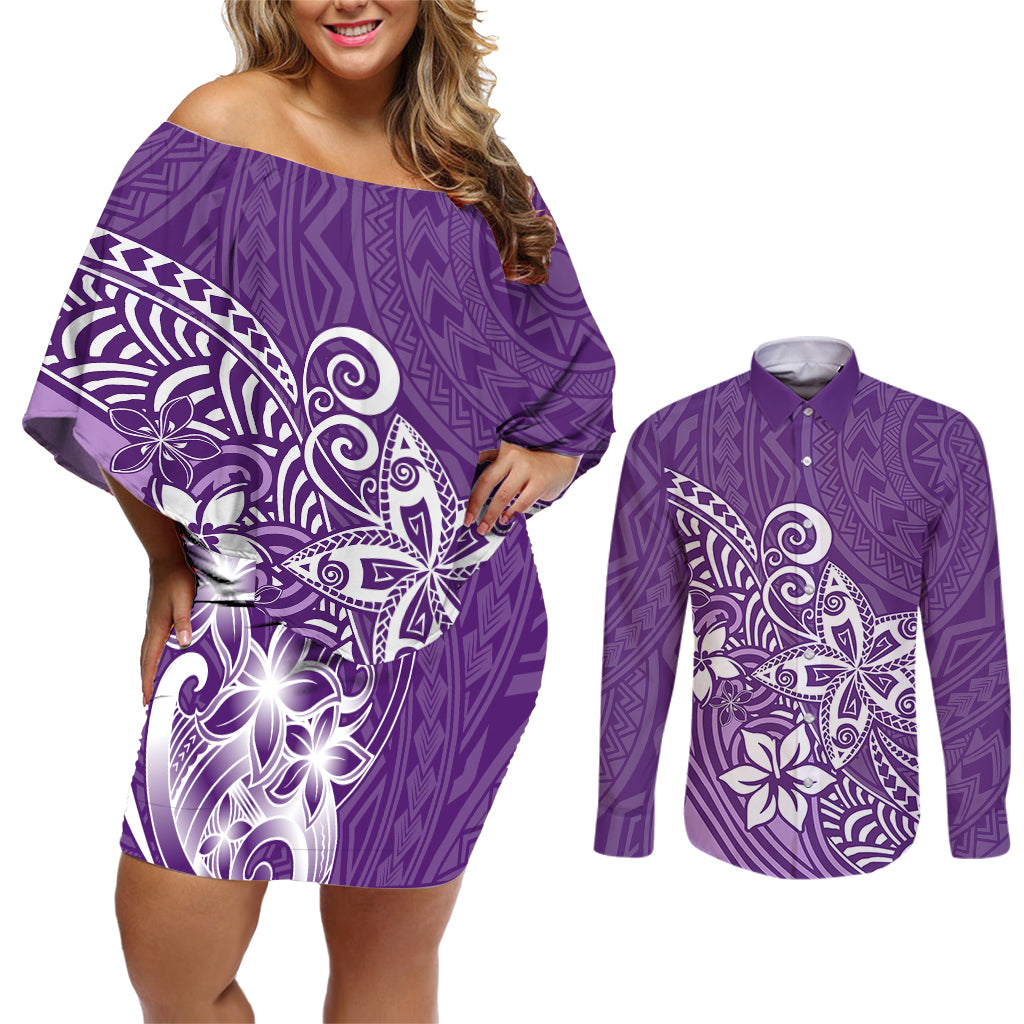 Polynesia Couples Matching Off Shoulder Short Dress and Long Sleeve Button Shirts Plumeria Purple Curves LT7 - Wonder Print Shop
