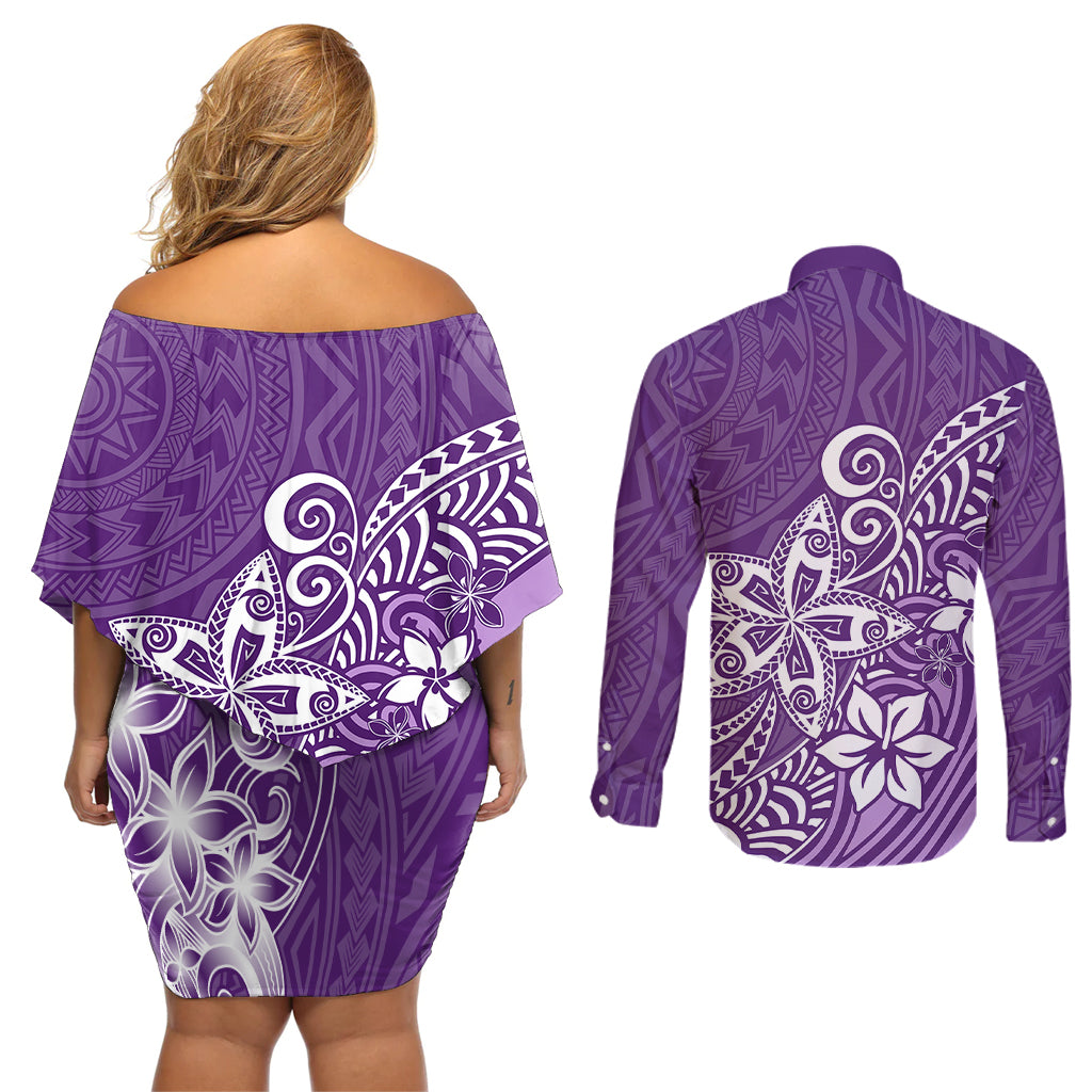 Polynesia Couples Matching Off Shoulder Short Dress and Long Sleeve Button Shirts Plumeria Purple Curves LT7 - Wonder Print Shop