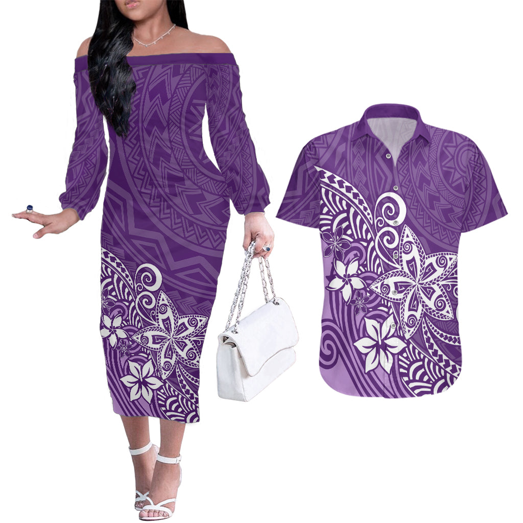 Polynesia Couples Matching Off The Shoulder Long Sleeve Dress and Hawaiian Shirt Plumeria Purple Curves LT7 - Wonder Print Shop