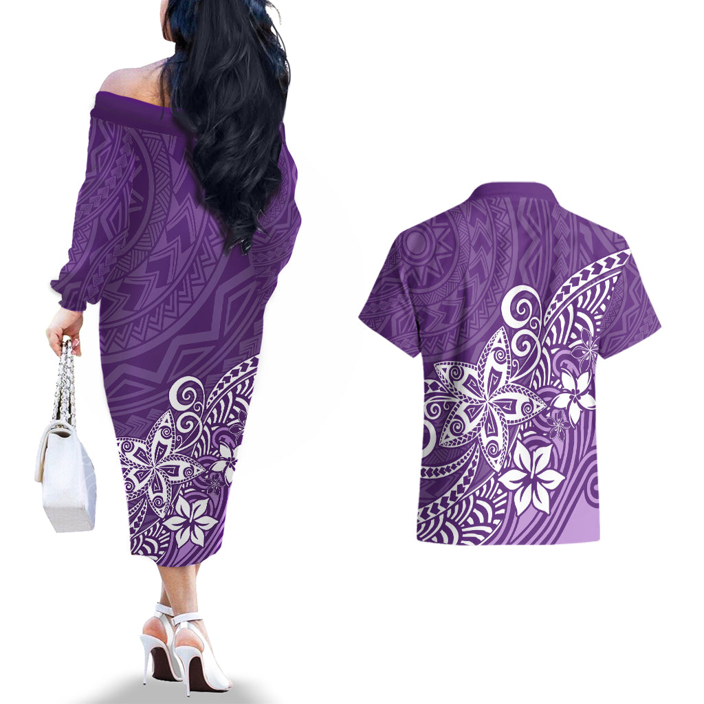 Polynesia Couples Matching Off The Shoulder Long Sleeve Dress and Hawaiian Shirt Plumeria Purple Curves LT7 - Wonder Print Shop