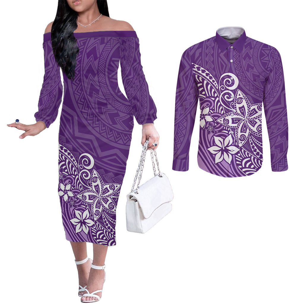 polynesia-couples-matching-off-the-shoulder-long-sleeve-dress-and-long-sleeve-button-shirts-plumeria-purple-curves
