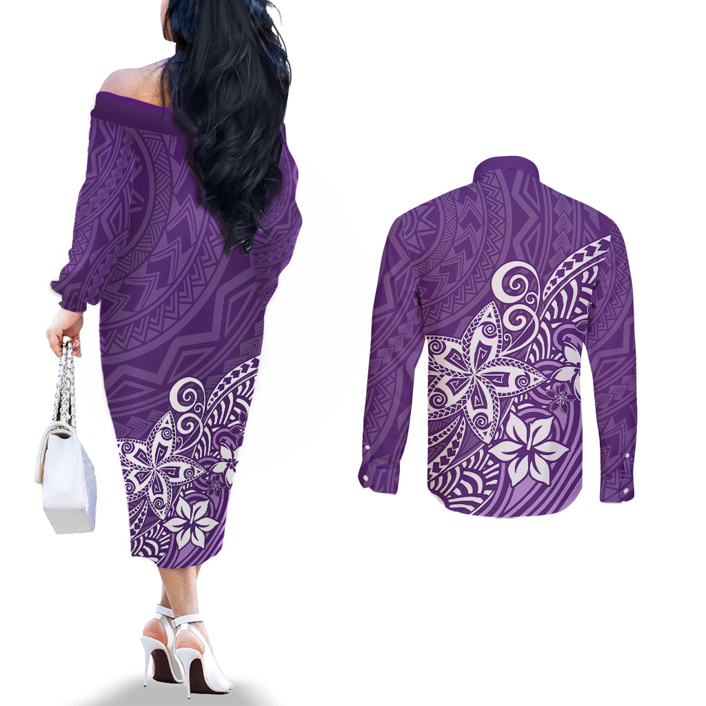polynesia-couples-matching-off-the-shoulder-long-sleeve-dress-and-long-sleeve-button-shirts-plumeria-purple-curves