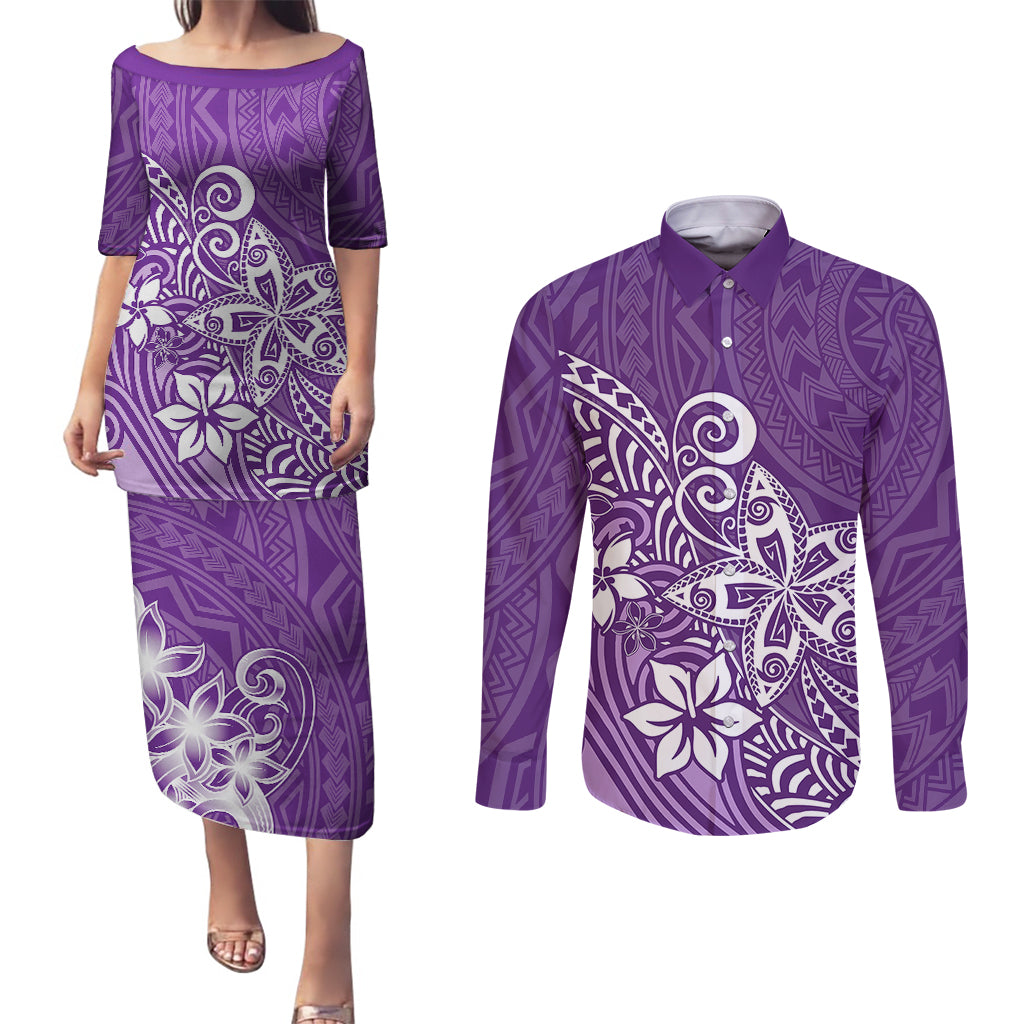 Polynesia Couples Matching Puletasi Dress and Long Sleeve Button Shirts Plumeria Purple Curves LT7 - Wonder Print Shop