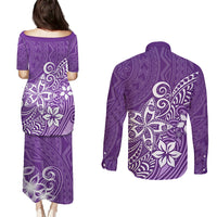 Polynesia Couples Matching Puletasi Dress and Long Sleeve Button Shirts Plumeria Purple Curves LT7 - Wonder Print Shop