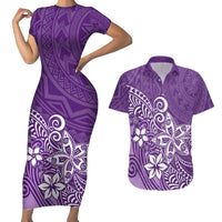 Polynesia Couples Matching Short Sleeve Bodycon Dress and Hawaiian Shirt Plumeria Purple Curves LT7 - Wonder Print Shop