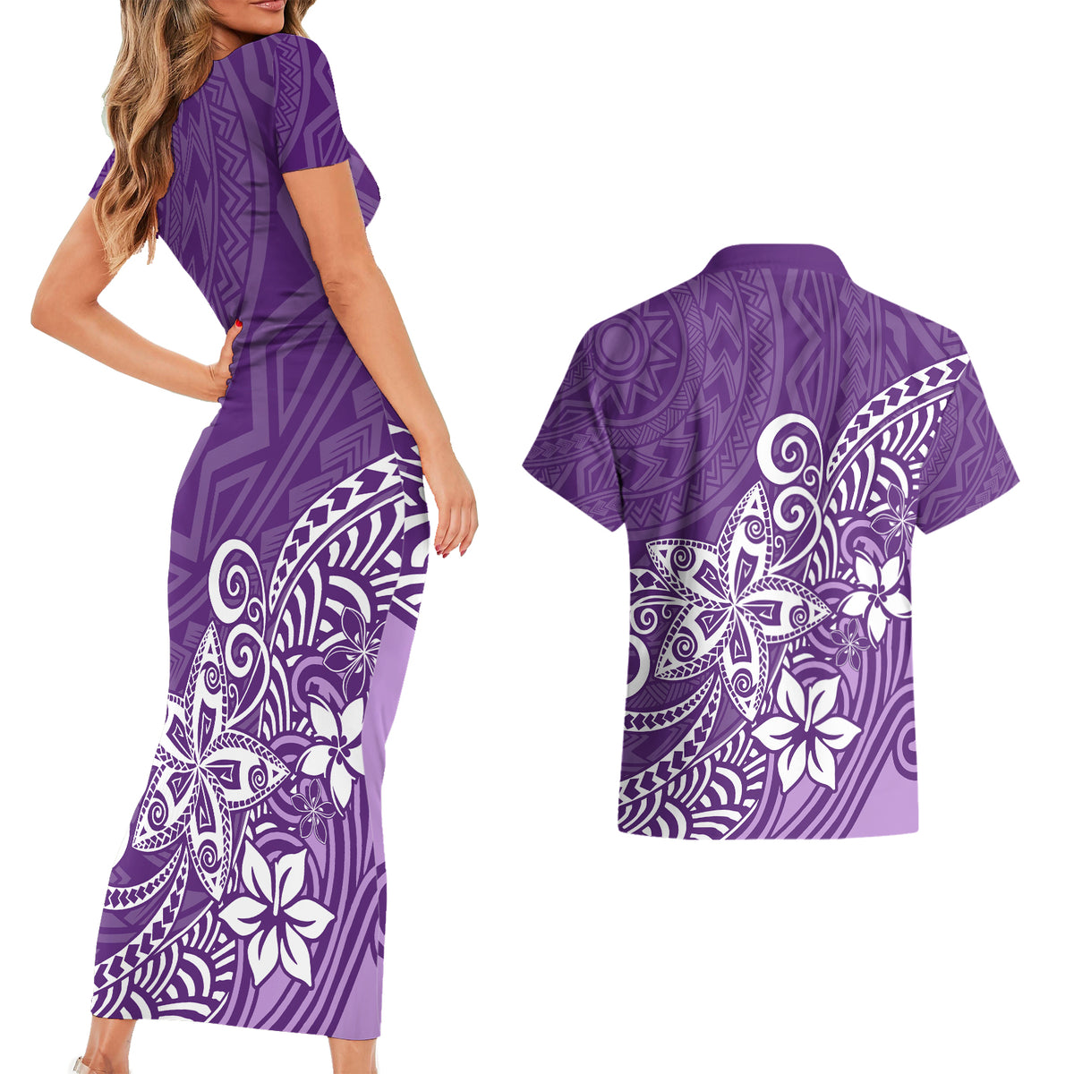 Polynesia Couples Matching Short Sleeve Bodycon Dress and Hawaiian Shirt Plumeria Purple Curves LT7 - Wonder Print Shop
