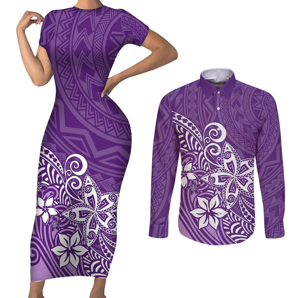 Polynesia Couples Matching Short Sleeve Bodycon Dress and Long Sleeve Button Shirts Plumeria Purple Curves LT7 - Wonder Print Shop