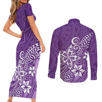 Polynesia Couples Matching Short Sleeve Bodycon Dress and Long Sleeve Button Shirts Plumeria Purple Curves LT7 - Wonder Print Shop