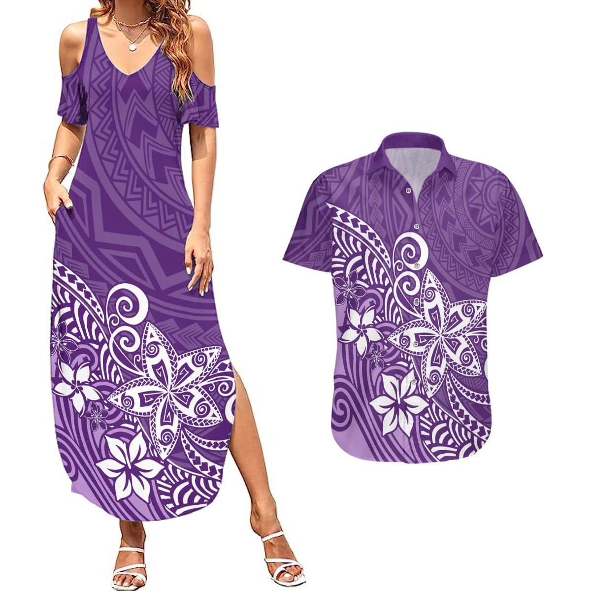 polynesia-couples-matching-summer-maxi-dress-and-hawaiian-shirt-plumeria-purple-curves