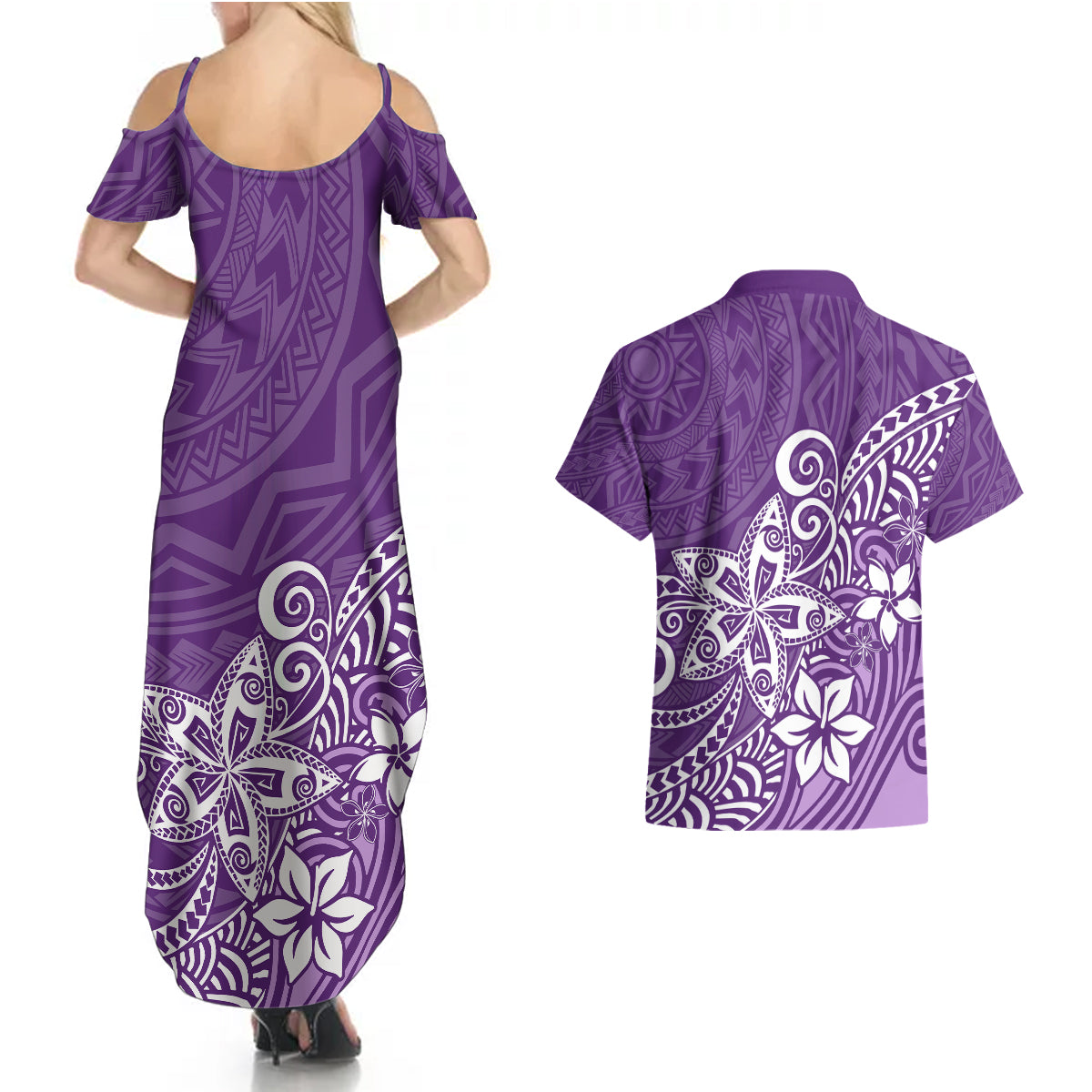 Polynesia Couples Matching Summer Maxi Dress and Hawaiian Shirt Plumeria Purple Curves LT7 - Wonder Print Shop