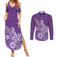 Polynesia Couples Matching Summer Maxi Dress and Long Sleeve Button Shirts Plumeria Purple Curves LT7 - Wonder Print Shop