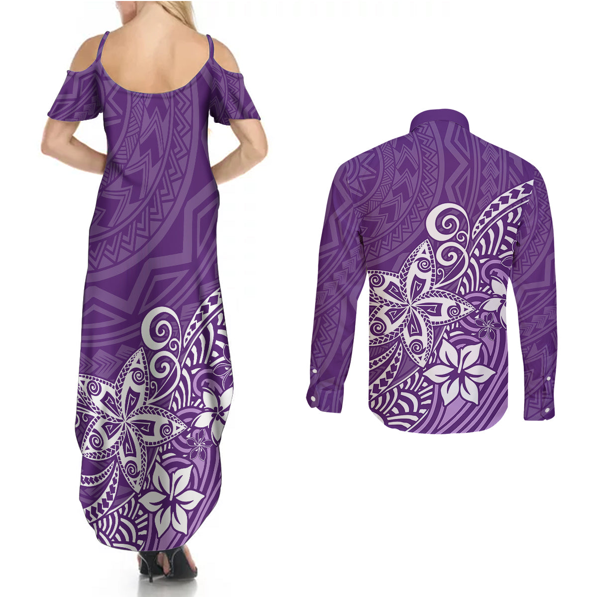 Polynesia Couples Matching Summer Maxi Dress and Long Sleeve Button Shirts Plumeria Purple Curves LT7 - Wonder Print Shop
