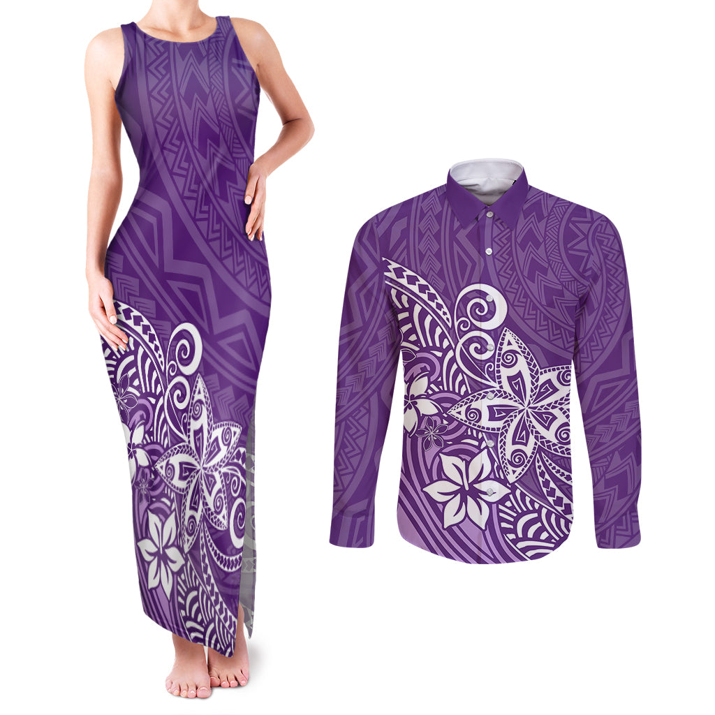 Polynesia Couples Matching Tank Maxi Dress and Long Sleeve Button Shirts Plumeria Purple Curves LT7 - Wonder Print Shop