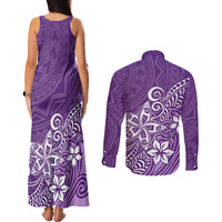 Polynesia Couples Matching Tank Maxi Dress and Long Sleeve Button Shirts Plumeria Purple Curves LT7 - Wonder Print Shop