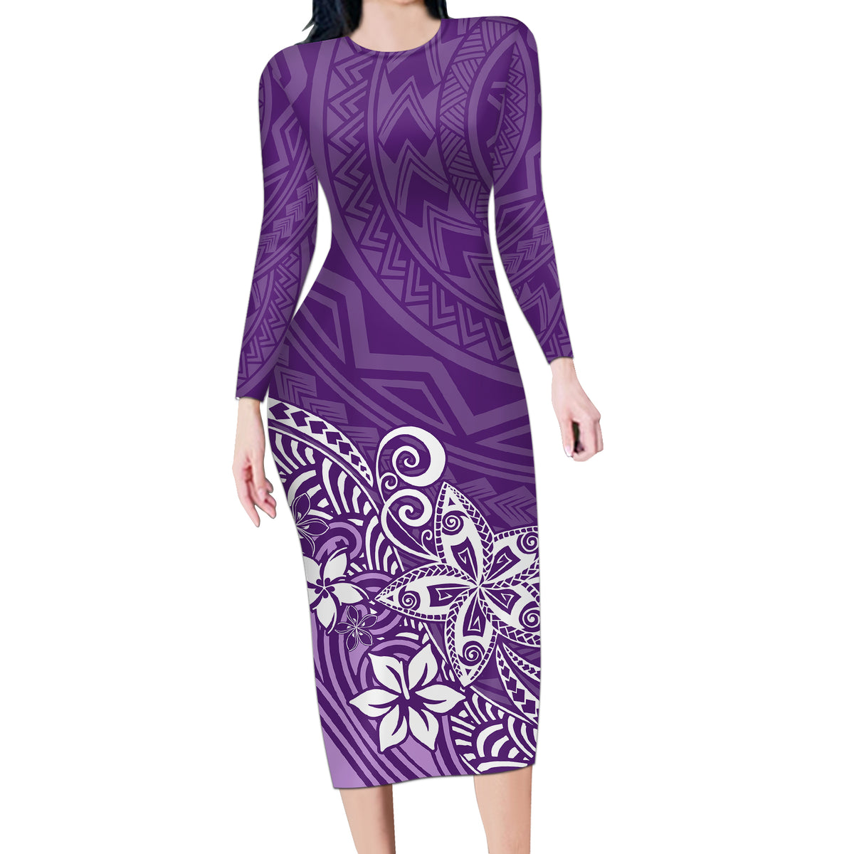 Polynesia Long Sleeve Bodycon Dress Plumeria Purple Curves - Wonder Print Shop