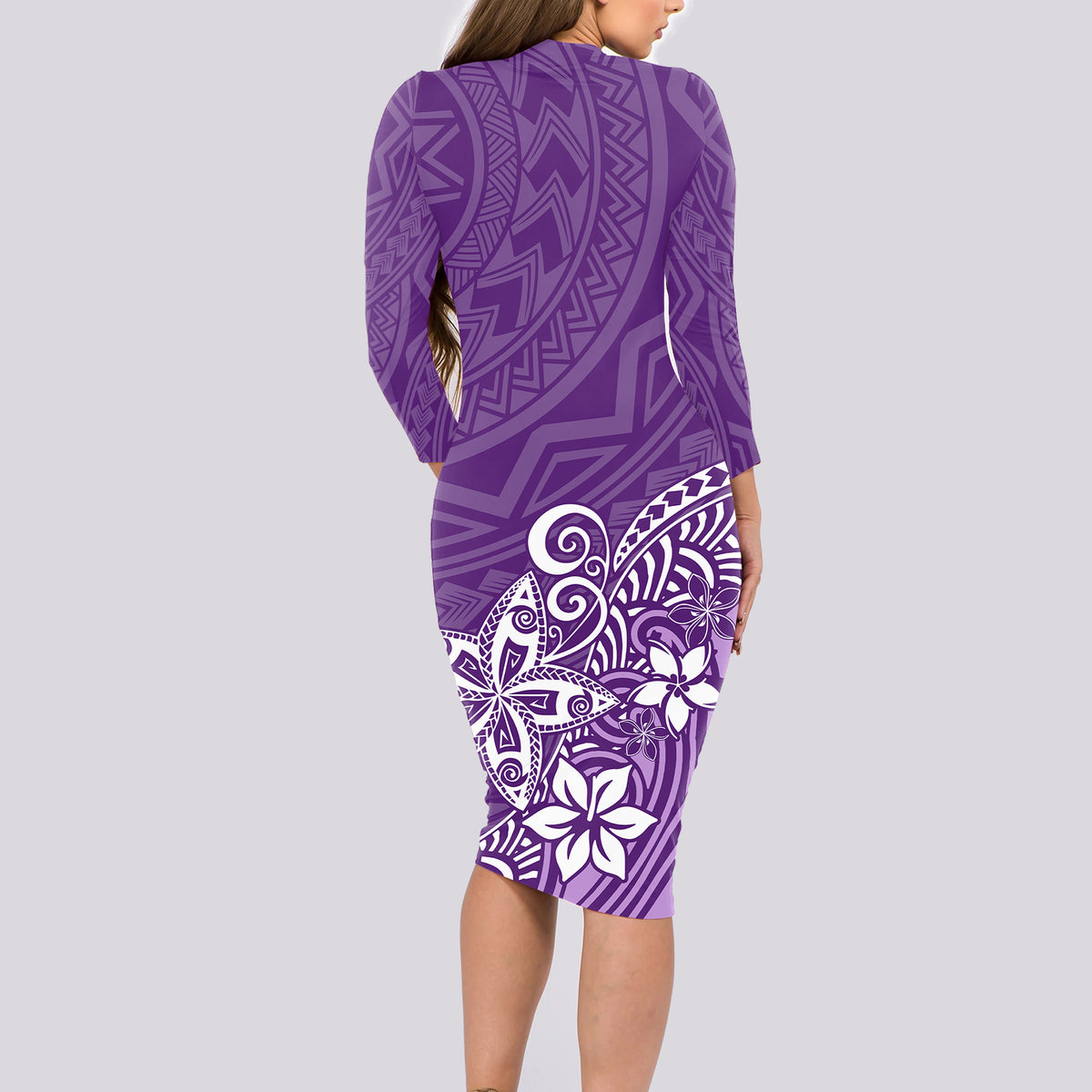 Polynesia Long Sleeve Bodycon Dress Plumeria Purple Curves - Wonder Print Shop