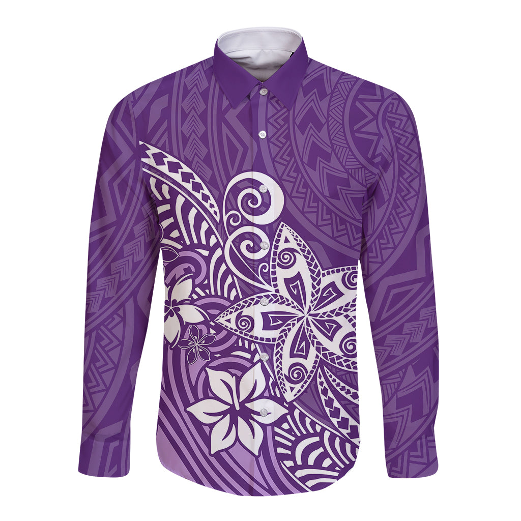 Polynesia Long Sleeve Button Shirt Plumeria Purple Curves - Wonder Print Shop