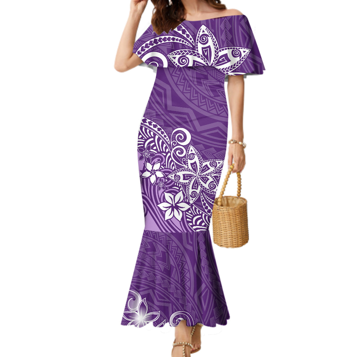 Polynesia Mermaid Dress Plumeria Purple Curves - Wonder Print Shop