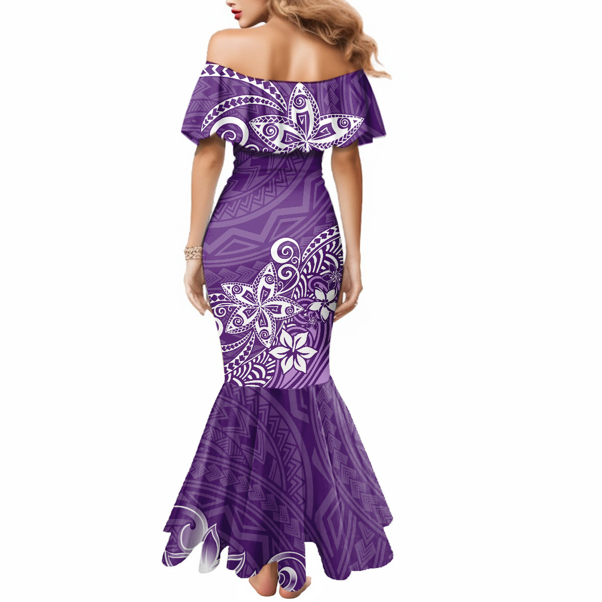 Polynesia Mermaid Dress Plumeria Purple Curves - Wonder Print Shop