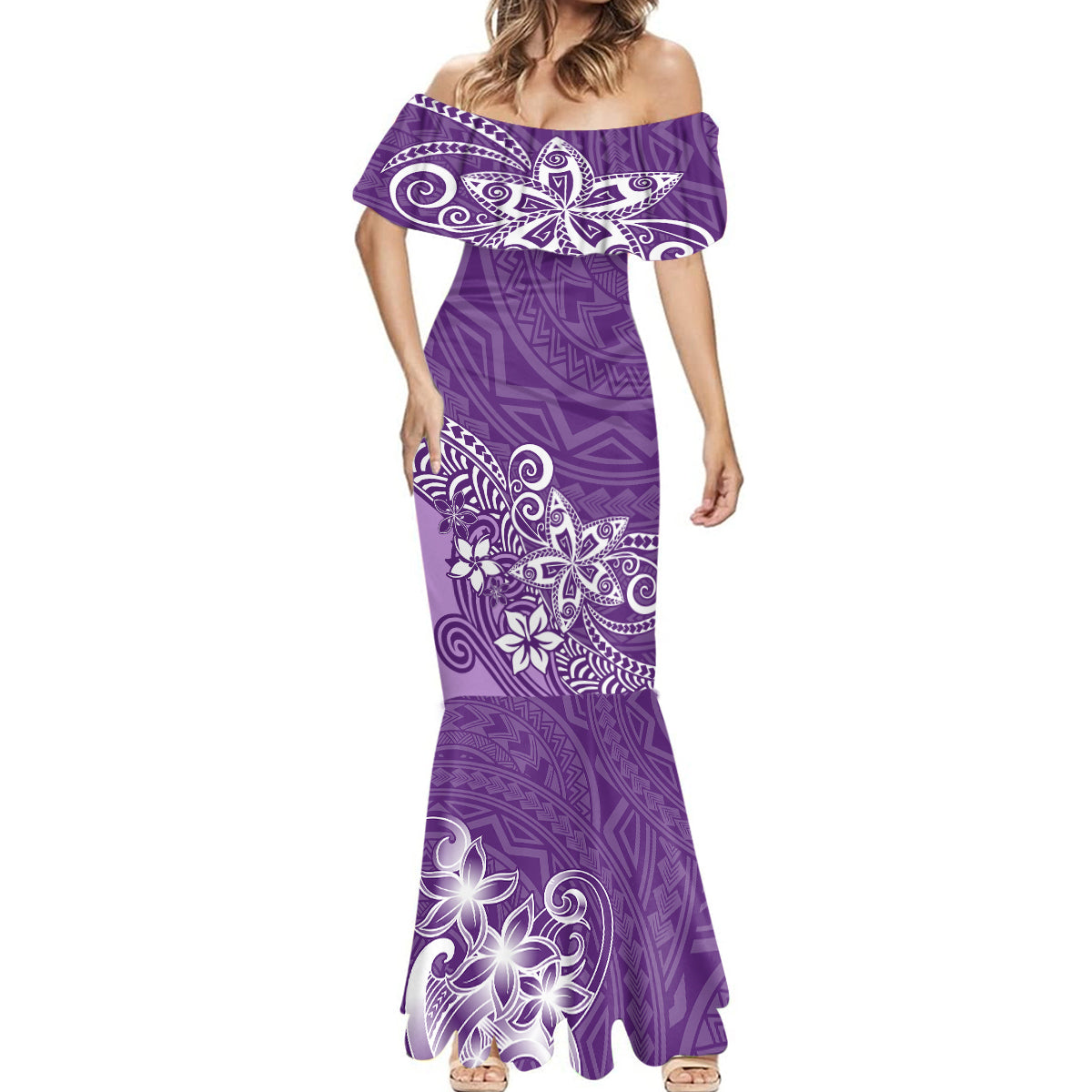 Polynesia Mermaid Dress Plumeria Purple Curves - Wonder Print Shop