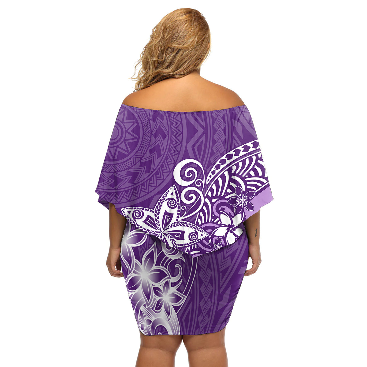 Polynesia Off Shoulder Short Dress Plumeria Purple Curves - Wonder Print Shop