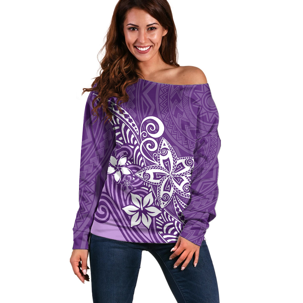 Polynesia Off Shoulder Sweater Plumeria Purple Curves - Wonder Print Shop