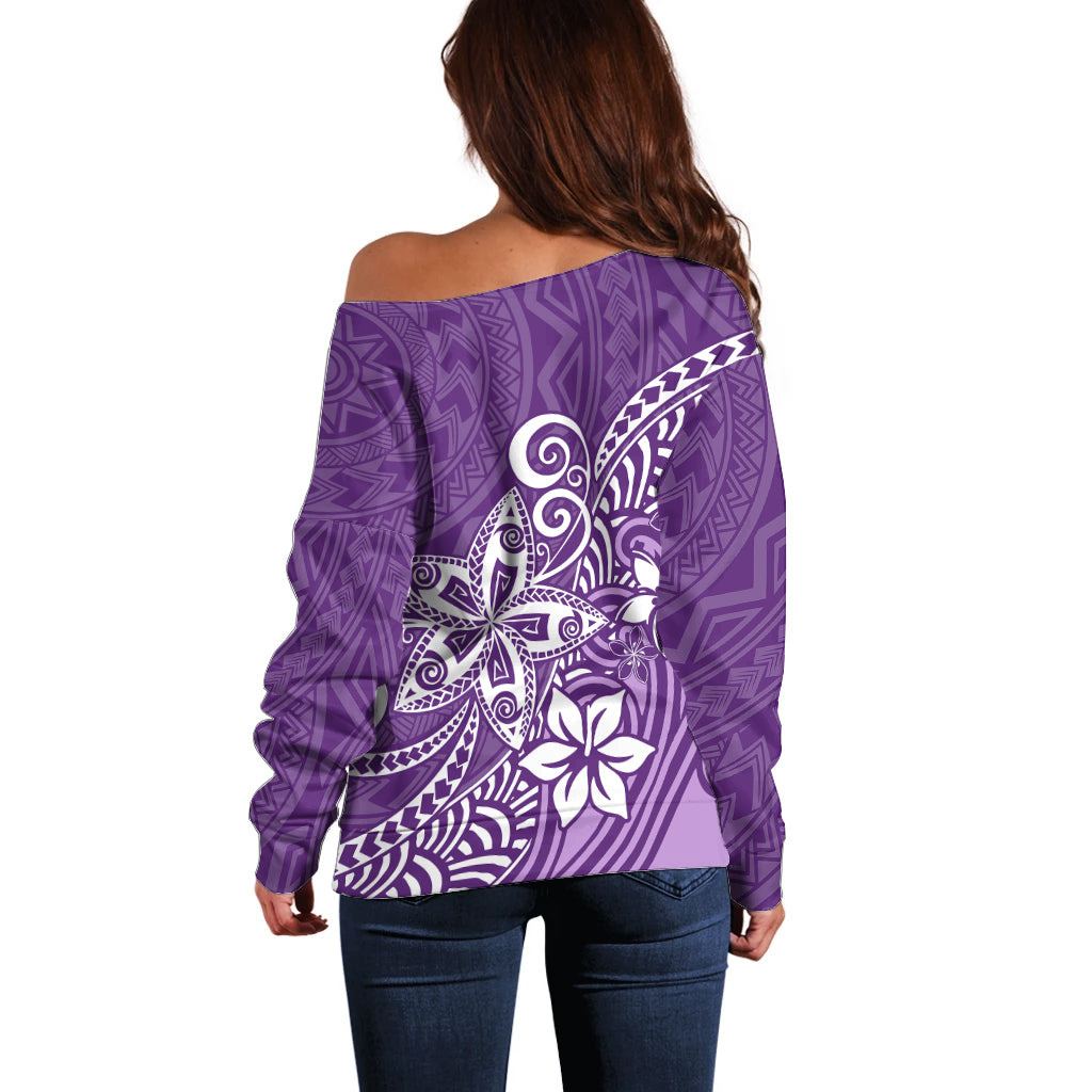 Polynesia Off Shoulder Sweater Plumeria Purple Curves - Wonder Print Shop
