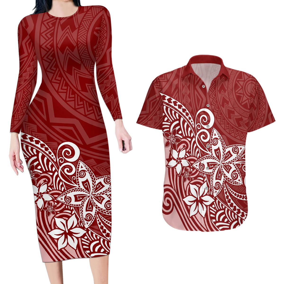 Polynesia Couples Matching Long Sleeve Bodycon Dress and Hawaiian Shirt Plumeria Red Curves LT7 - Wonder Print Shop
