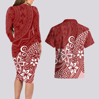 Polynesia Couples Matching Long Sleeve Bodycon Dress and Hawaiian Shirt Plumeria Red Curves LT7 - Wonder Print Shop