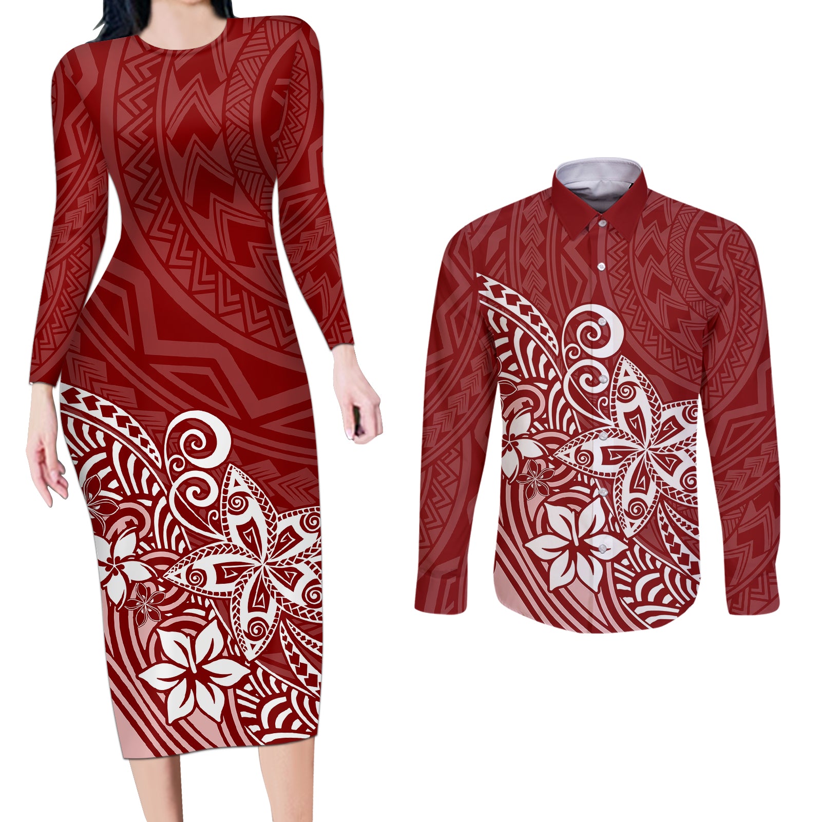 Polynesia Couples Matching Long Sleeve Bodycon Dress and Long Sleeve Button Shirts Plumeria Red Curves LT7 - Wonder Print Shop