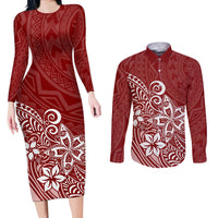 Polynesia Couples Matching Long Sleeve Bodycon Dress and Long Sleeve Button Shirts Plumeria Red Curves LT7 - Wonder Print Shop