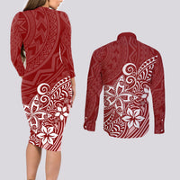 Polynesia Couples Matching Long Sleeve Bodycon Dress and Long Sleeve Button Shirts Plumeria Red Curves LT7 - Wonder Print Shop